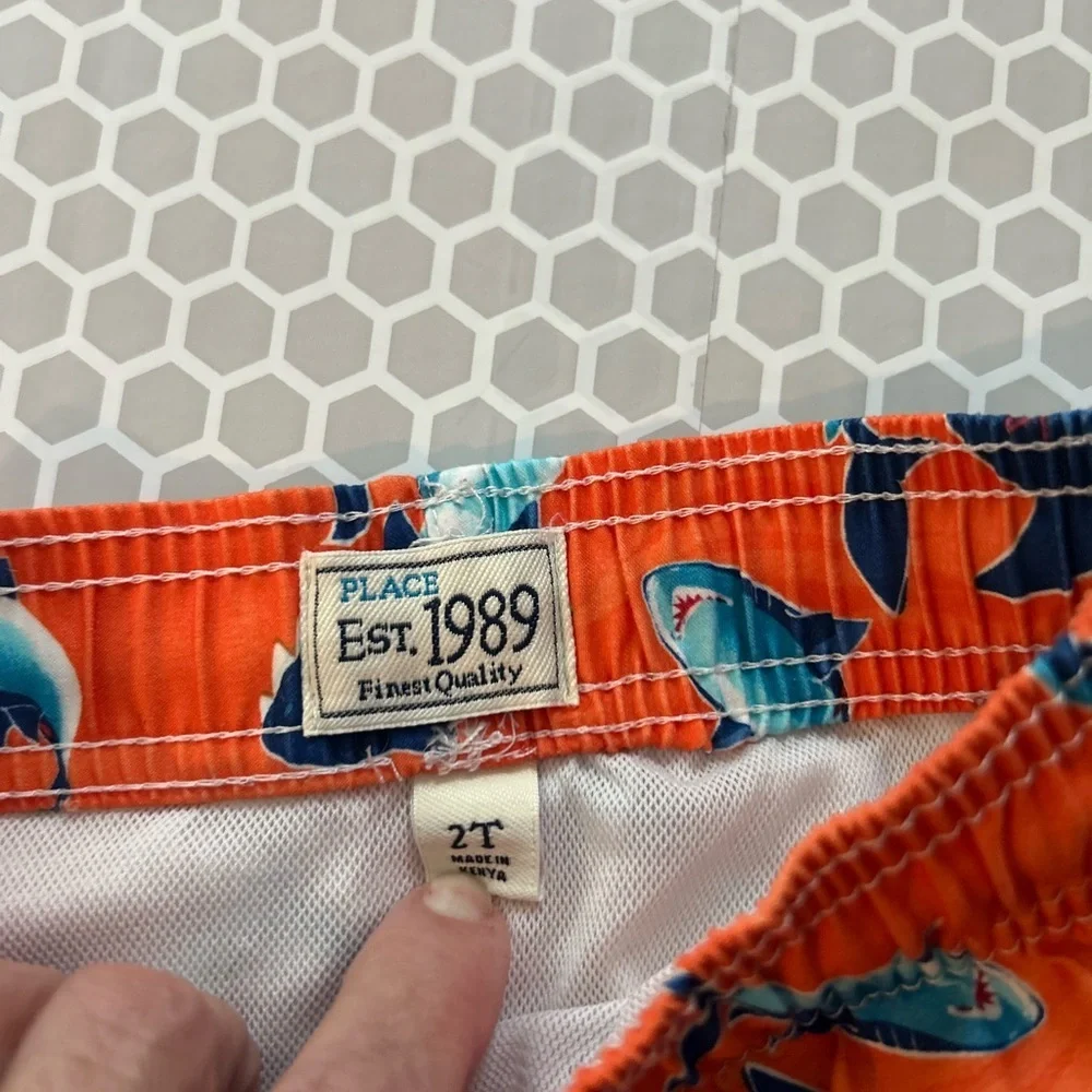 Place Orange Swim Shorts with Blue Shark Print